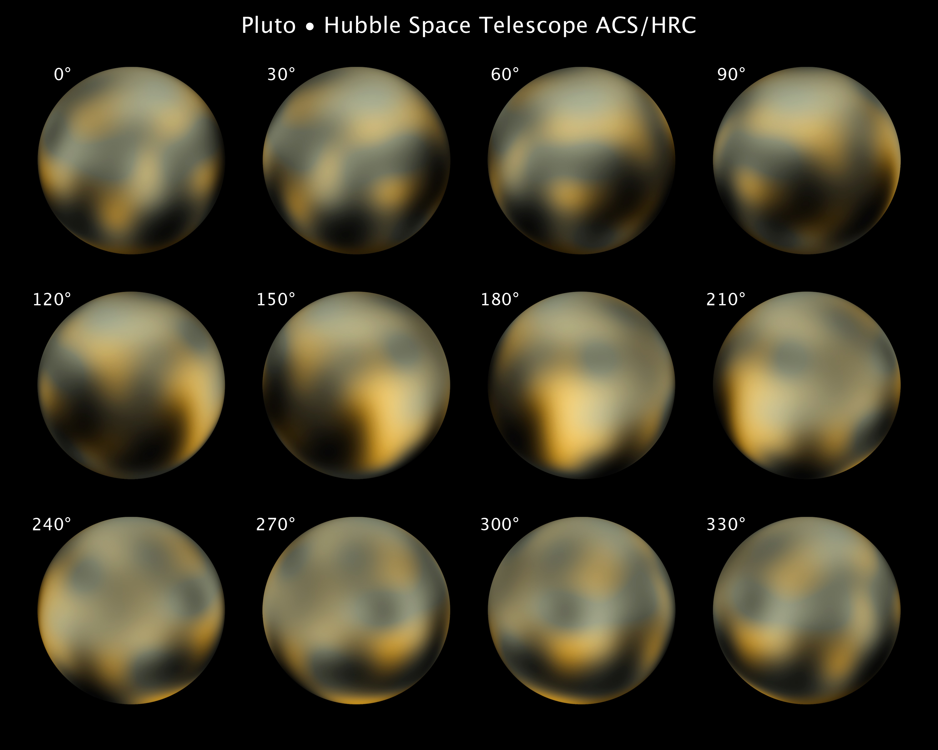 Pluto sett fra alle sider. Foto: ESA/NASA/STScI