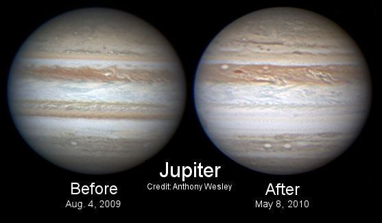 Jupiter fotografert i fjor høst og nå i mai. Det brede beltet sør for ekvator har blitt borte. Foto: Anthony wesley
