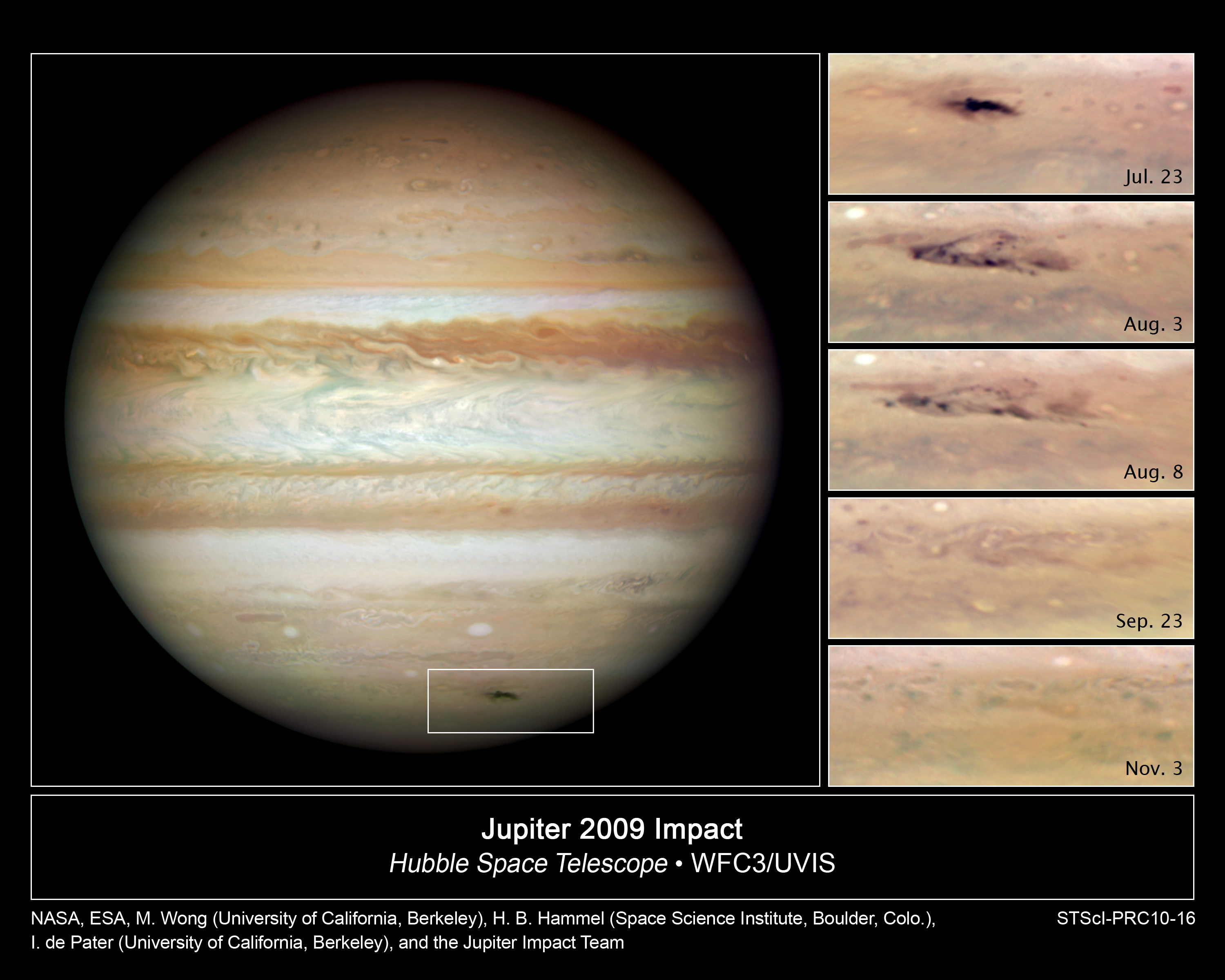 Den mørke flekken skyldes nedslaget på Jupiter 19. juli 2009. Foto: NASA, ESA