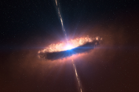 Kunstnerisk fremstilling av ringen av støv og gass som virvler rundt en tung babystjerne. Virvelskiven strekker seg ut til en avstand svarende til 130 ganger Jorden- Solen, 20 milliarder kilometer. Skiven inneholder omtrent like mye stoff selve stjernen, 20 ganger Solens masse. Illustrasjon: ESO/L. Lalcada/M. Kommesser 