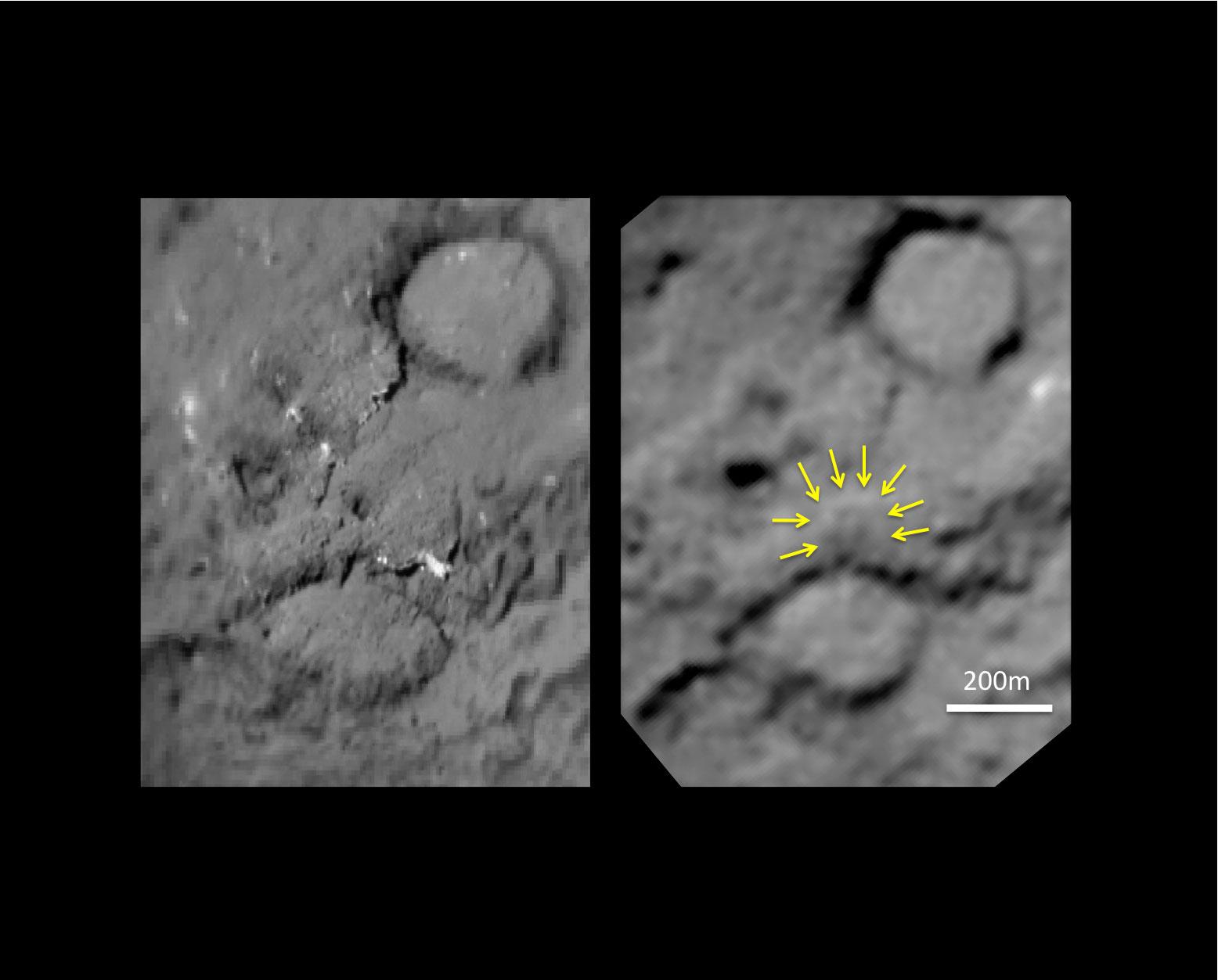Før og etter! Til venstre bilde av nedslagsområdet tatt før Deep Impact traff 2005. Til høyre bilde tatt av Stardust-NExT 15 februar 2011. Pilene viser krateret etter nedslaget. Krateret er omtrent 150 meter i diameter og det er en lysere topp i midten av krateret. Denne oppstod trolig da materiale som ble blåst ut av eksplosjonen, falt ned igjen.  Foto: NASA/JPL-Caltech/University of Maryland/Cornell