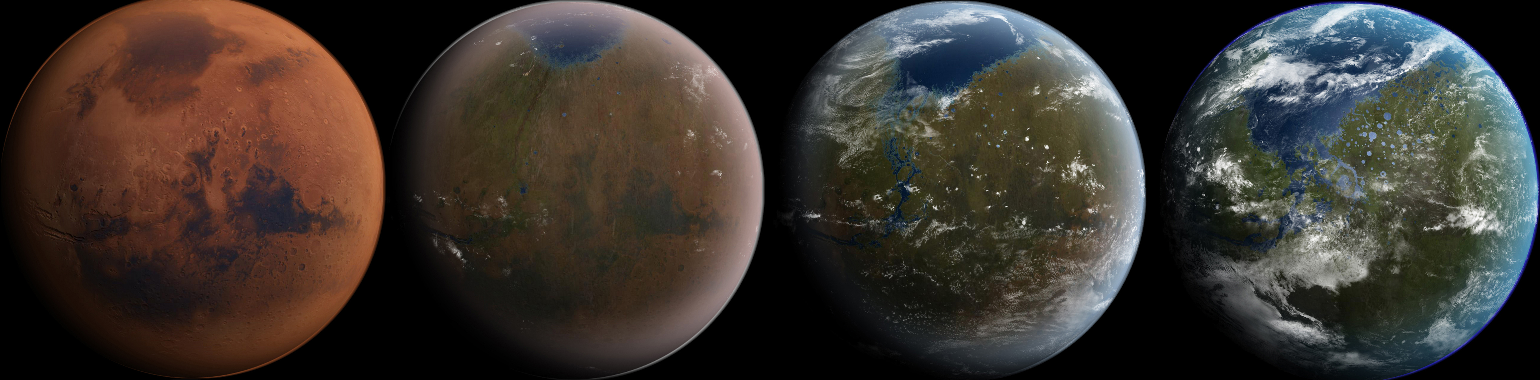 Fire stadier i terraformingen av Mars. Illustrasjon: Wikipedia