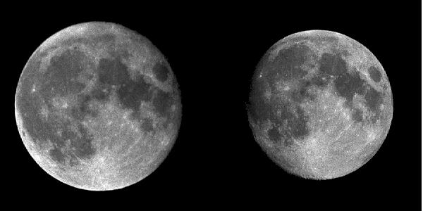 Sammenligning av stor og liten fullmåne. Når Månen er nærmest oss virker den større på himmelen. Foto: Fourmilab, John Walker