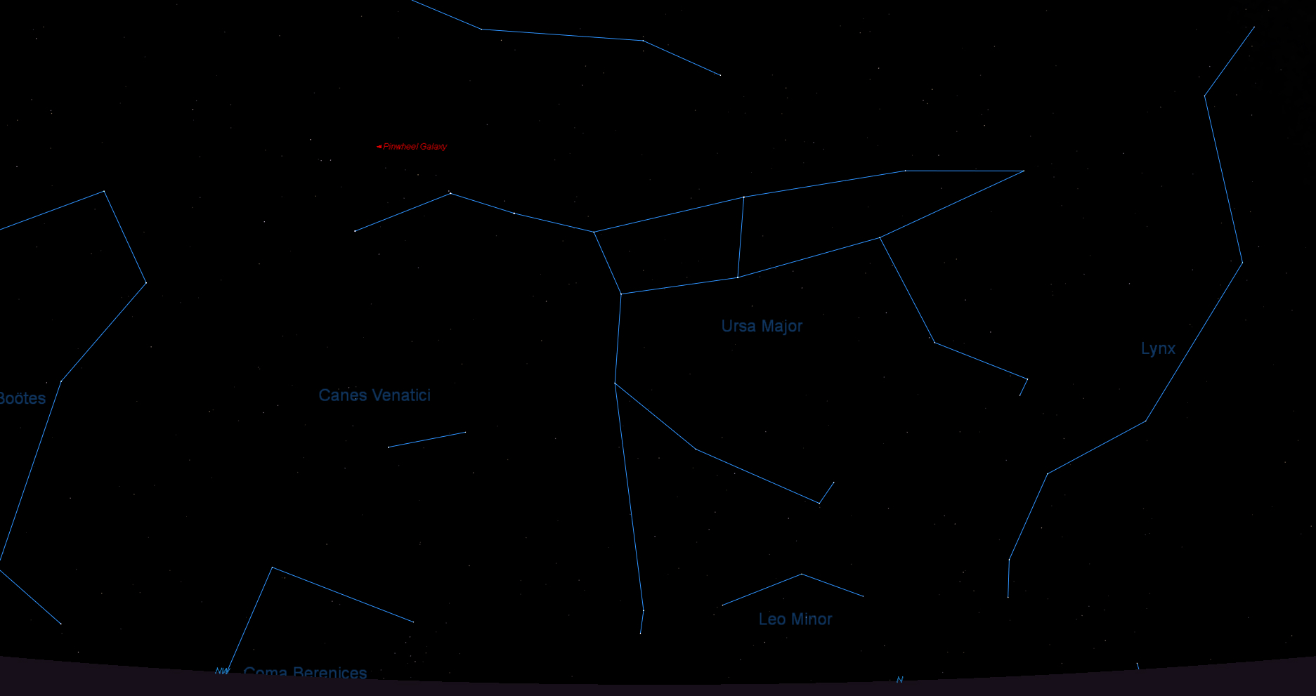 Søkekart for supernova SN2011fe. (Versjon med bedre oppløsning lastes i ovennevnte artikkel på www.astroevents.no) Galakse M101 er markert med “Pinwheel Galaxy” i rødt.  Illustrasjon: Knut Jørgen Røed Ødegaard