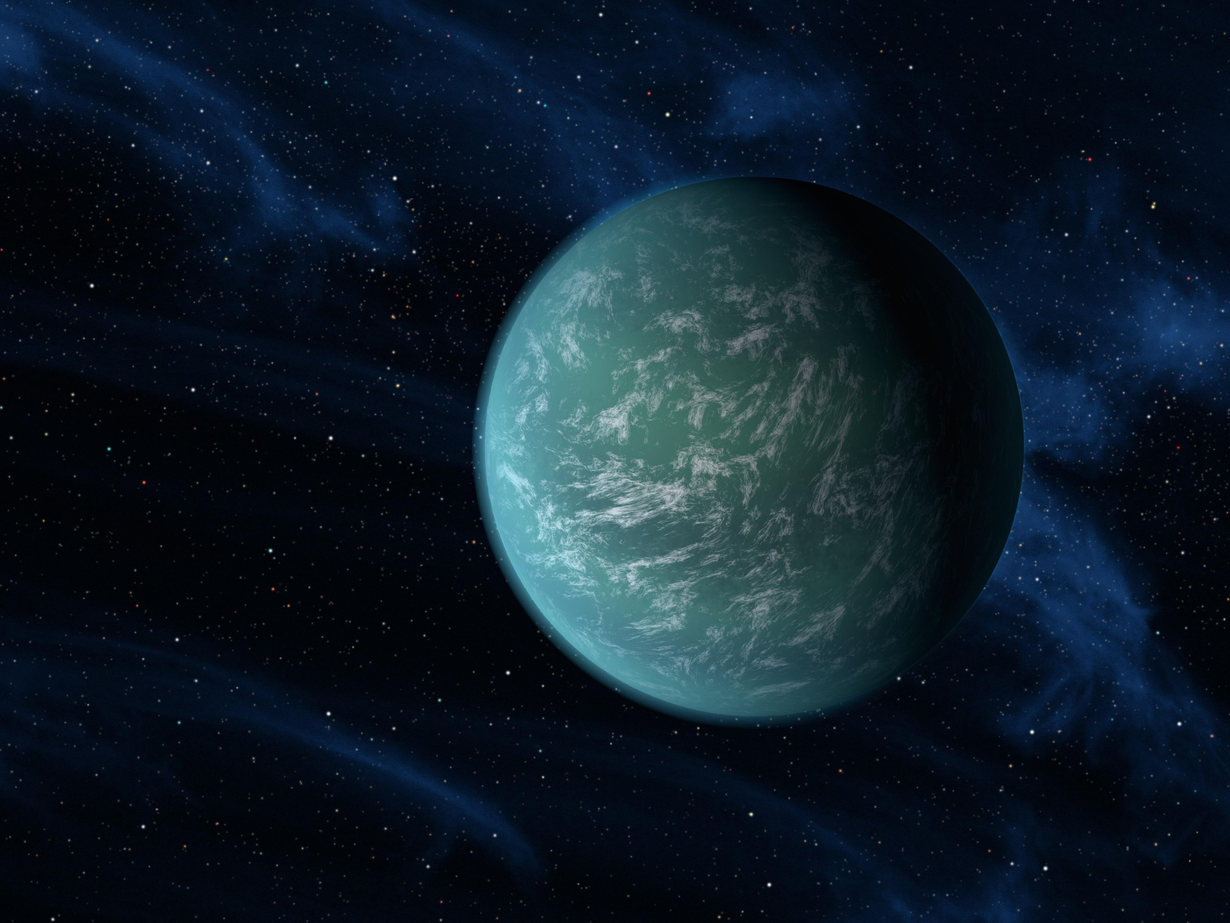 Kepler-22b er en planet som befinner seg godt inne i sin beboelige sone rundt en sollignende stjerne. Den er den minste som hittil er funnet i en beboelig sone.  Illustrasjon: NASA/Ames/JPL-Caltech 