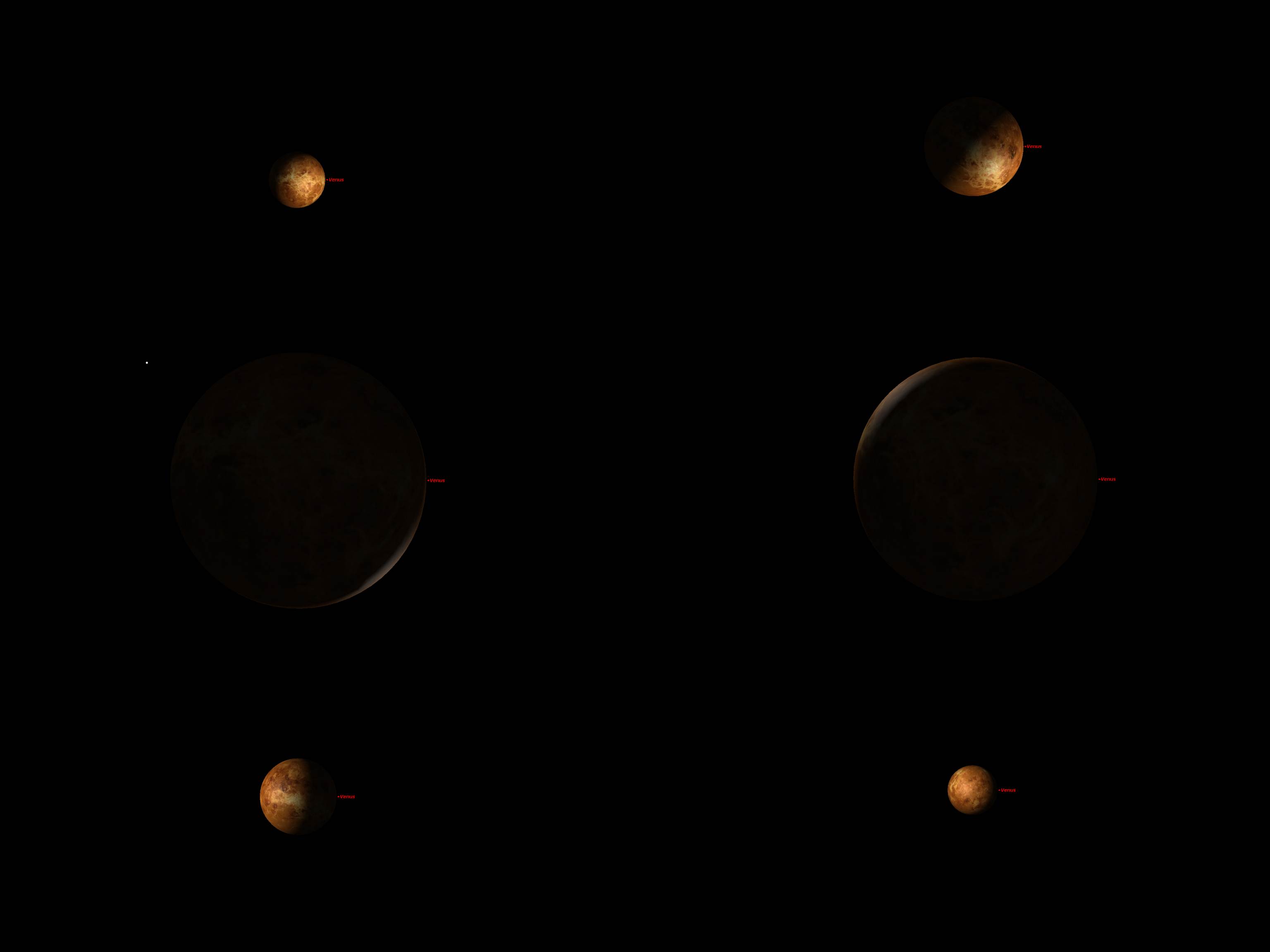 Fasene til Venus det kommende året. Øverst til venstre 20. desember 2011, øverst til høyre 20. mars 2012, midten til venstre 29. mai 2012, midten til høyre 17. juni 2012, nederst til venstre 20. september 2012 og nederst til høyre 20. desember 2012.  Illustrasjon: www.astroevents.no / Knut Jørgen Røed Ødegaard
