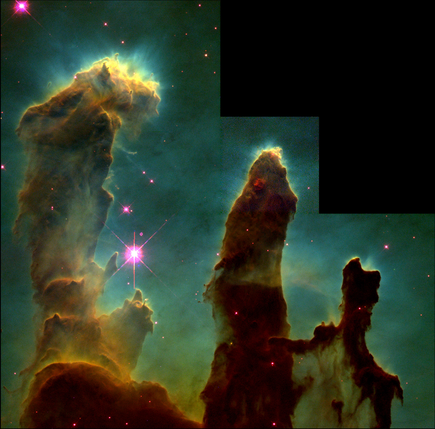 De berømte søylene i Ørnetåken fotografert med romteleskopet Hubble i 1995. Foto: NASA/ESA/STScI, Hester & Scowen (Arizona State University)