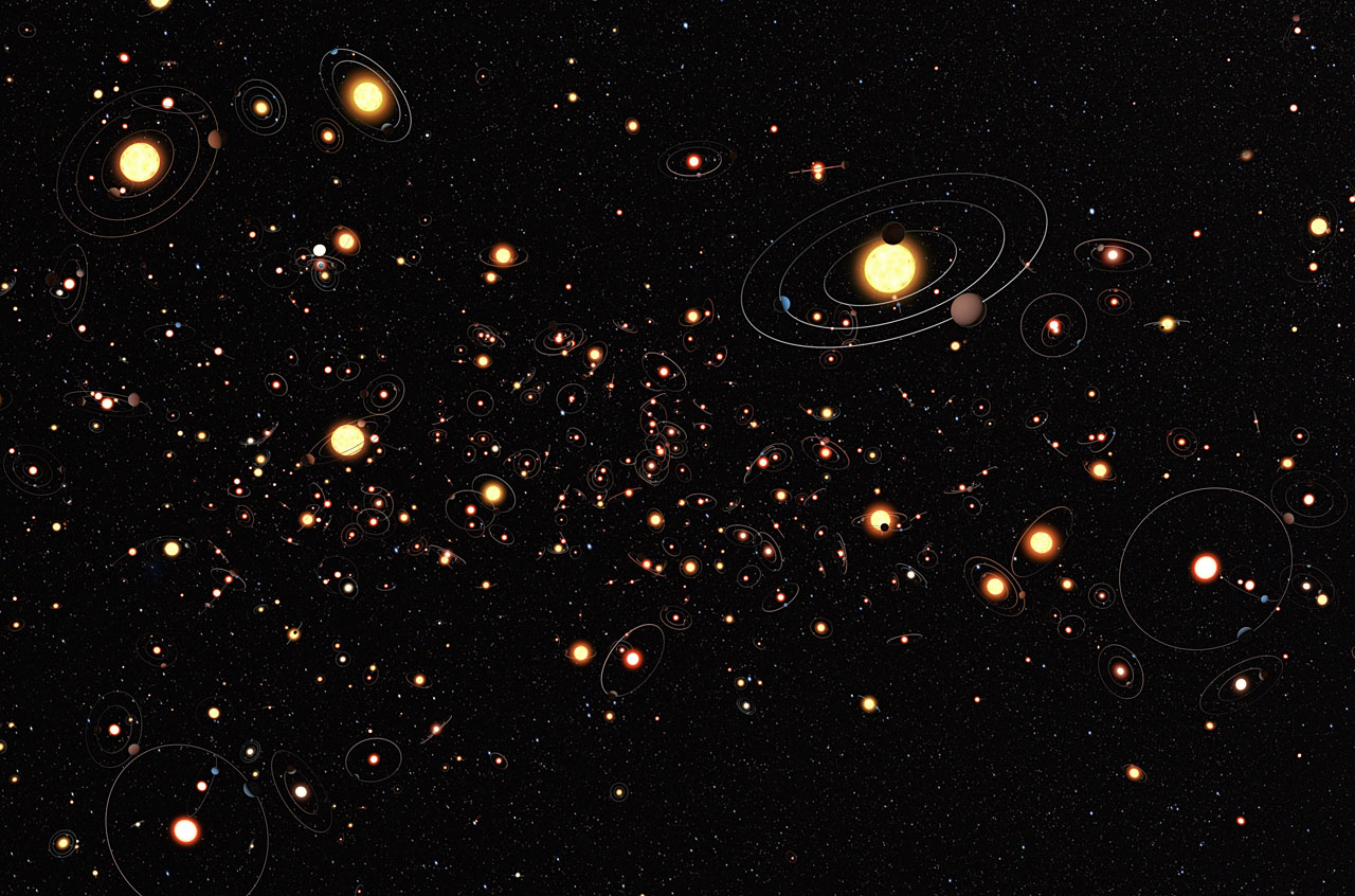Stjerneverdenen slik den egentlig er! De fleste stjernene har planeter, men vi ser de vanligvis ikke fordi de drukner i lyset fra moderstjernen sin. Illustrasjon: ESO/M. Kommesser 