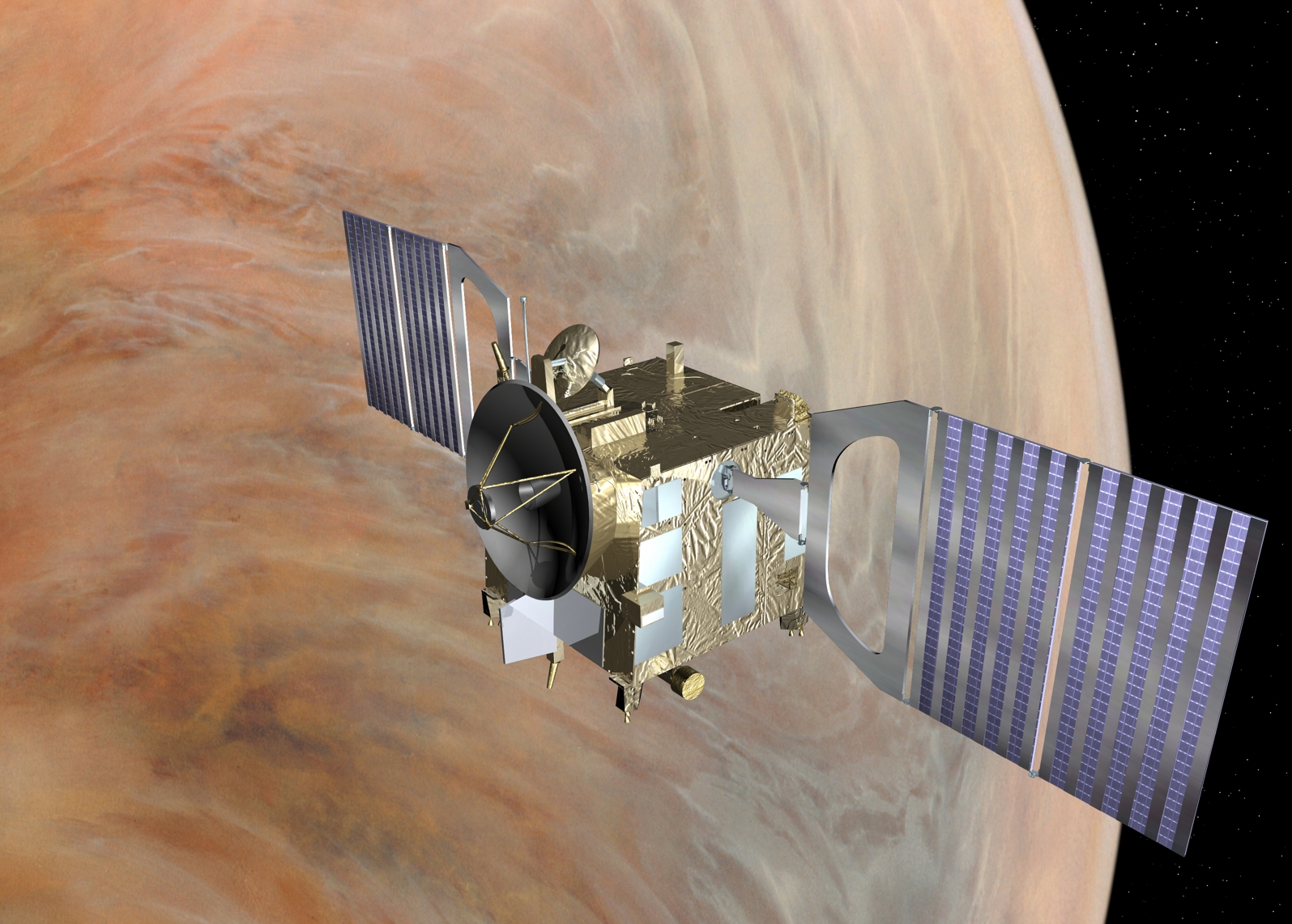 Kunstnerisk fremstilling av Venus Express i bane rundt Venus. Montasje: ESA