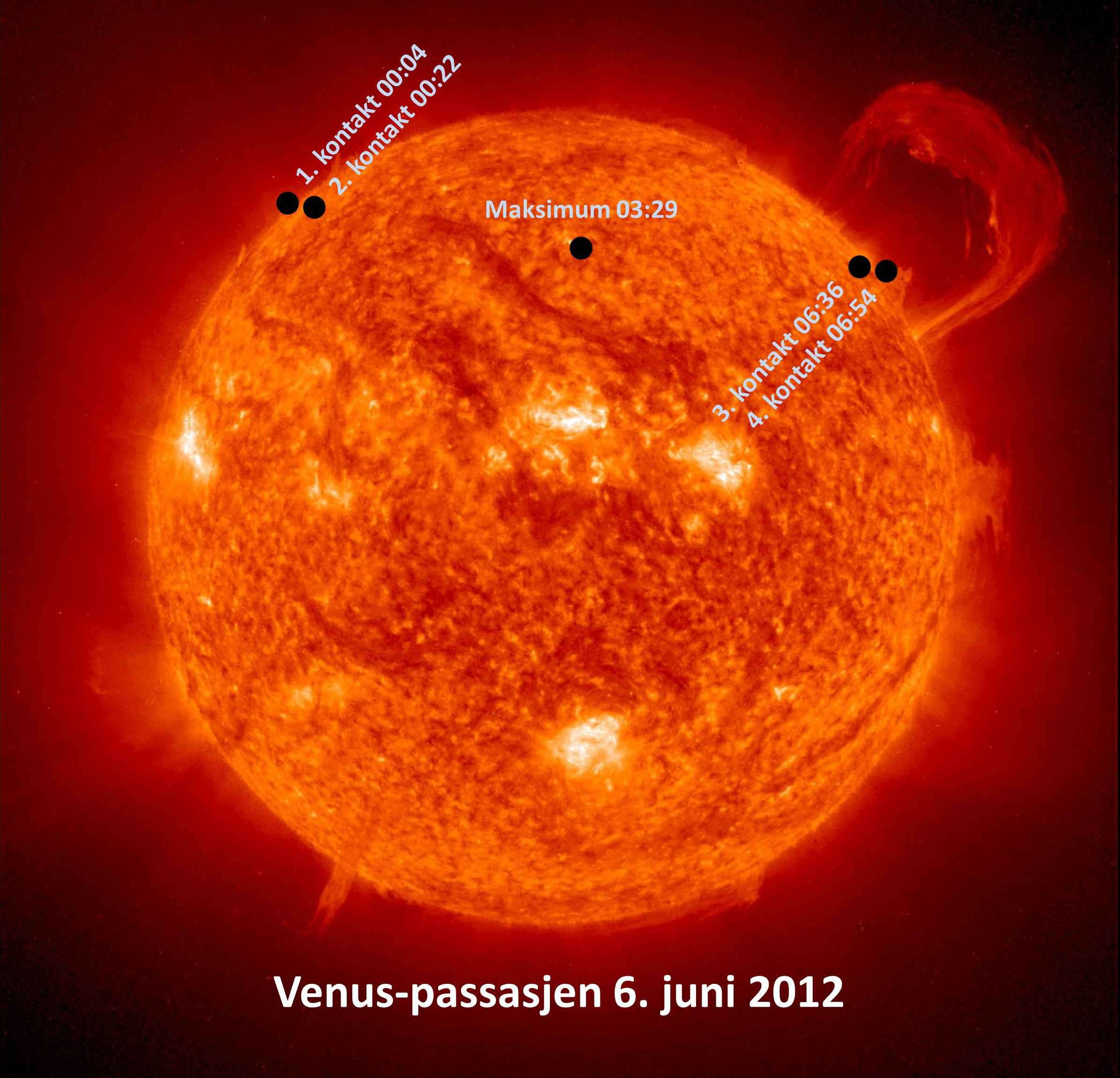 Venus-passasjen 6. juni 2012: I løpet av knappe 7 timer sklir planeter over solskiven. Foto: NASA, montasje: astroevents.no / Knut Jørgen Røed Ødegaard