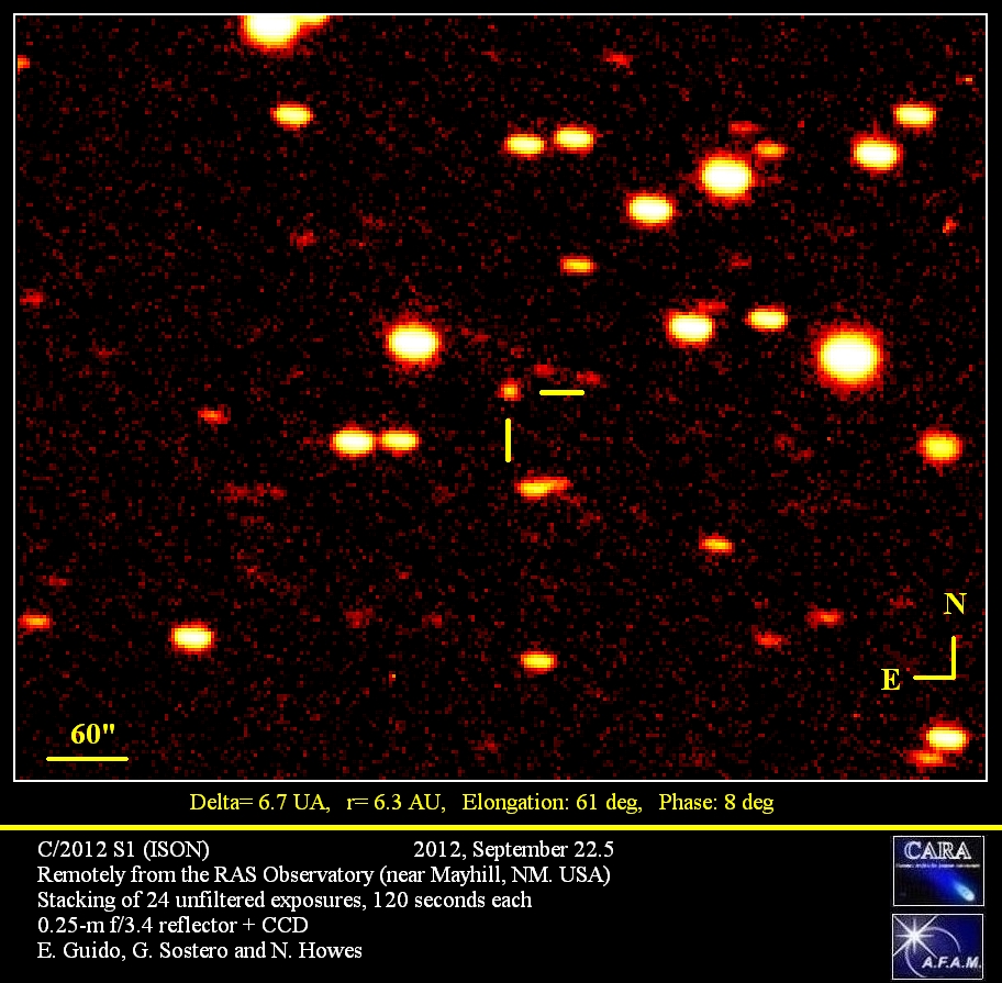 Komet ISON er markert med røde streker på dette bildet som ble tatt 22. september 2012.  Foto: E. Guido, G. Sostero & N. Howes