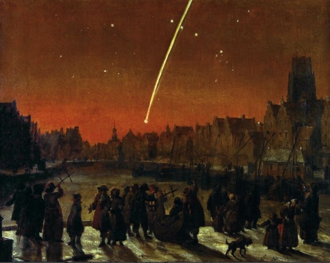Den store kometen i 1680 over Rotterdam.  Maleri av Verschuler.