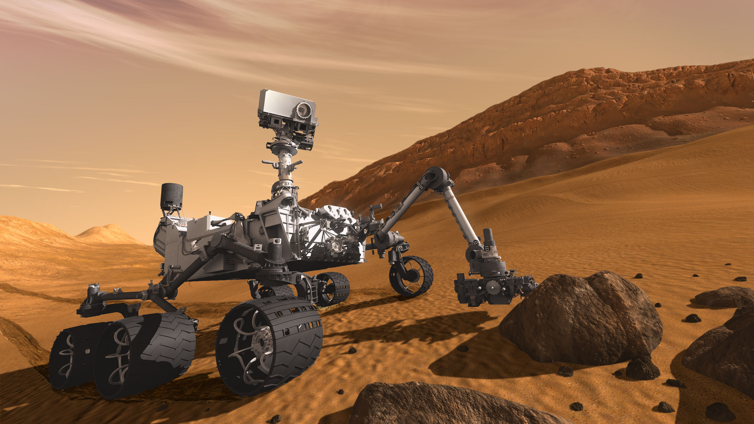 Slik kan det se ut når Curiosity kjører rundt på Mars på letting etter bevis for livsformer. Illustrasjon: NASA