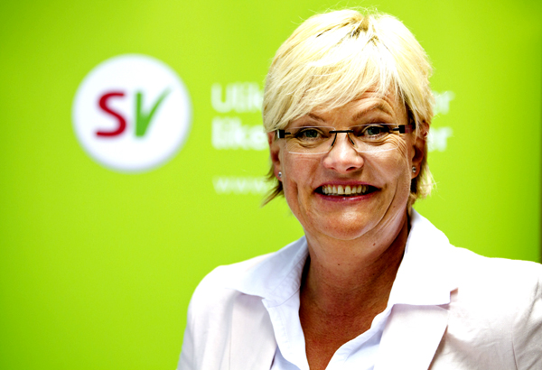SV-leder Kristin Halvorsen under presentasjonen av partiets skolesatsing onsdag 24. august.