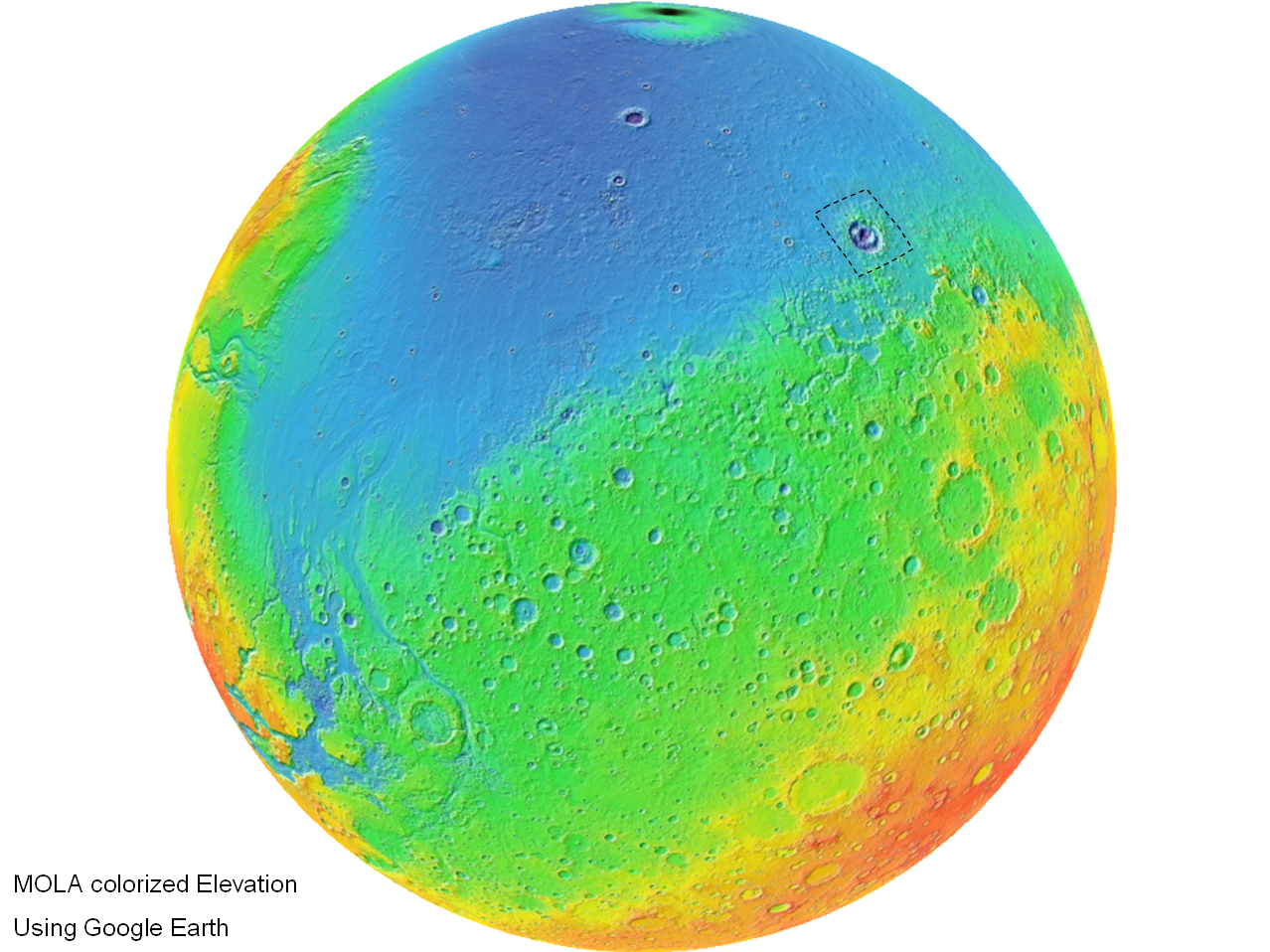Høydekart over Mars. Blått er lavland. Lyot-krateret er avmerket. Foto: MOLA Science Team, NASA