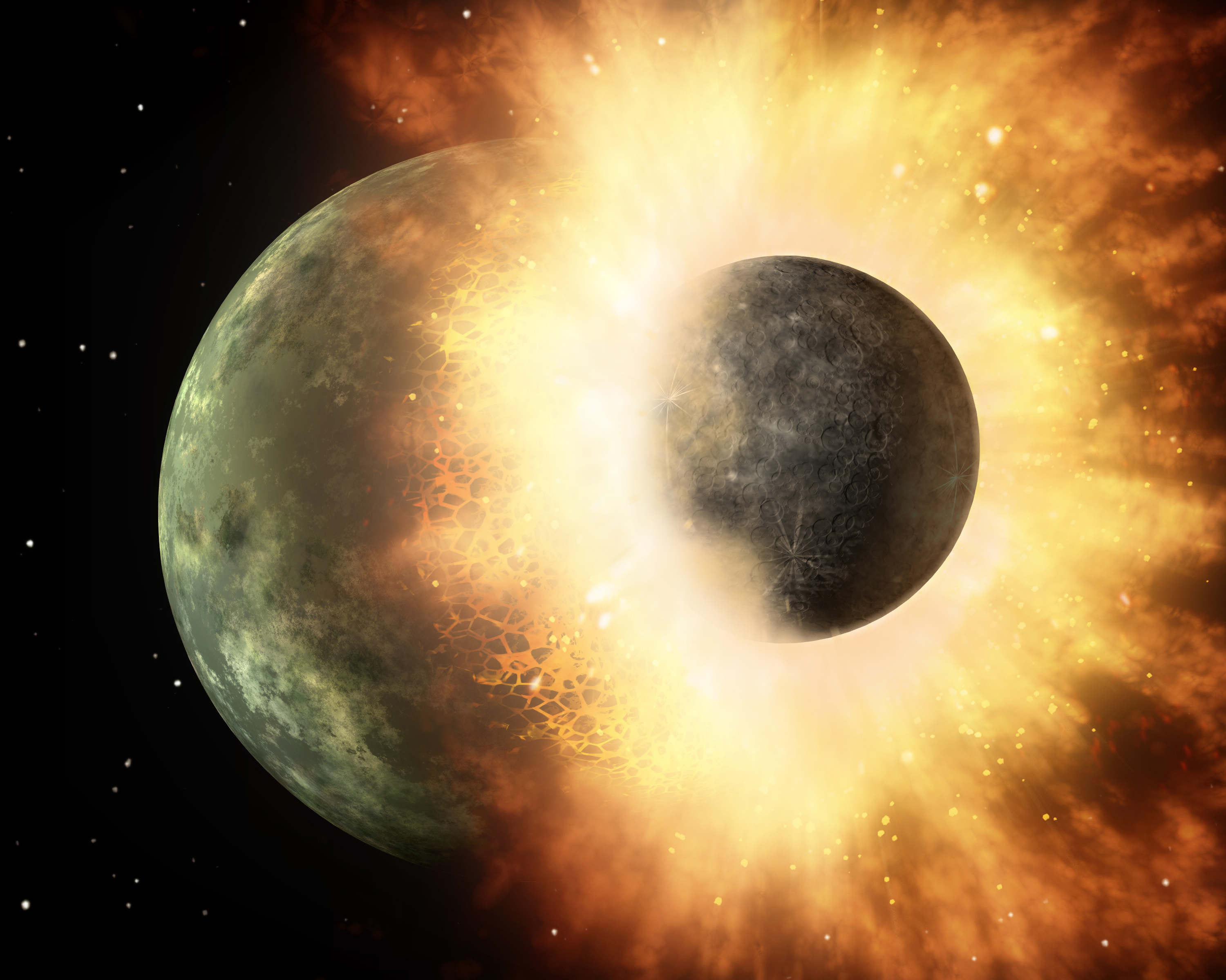 To steinplaneter smeller sammen i en dramatisk kollisjon.  Illustrasjon: NASA/JPL-Caltech
