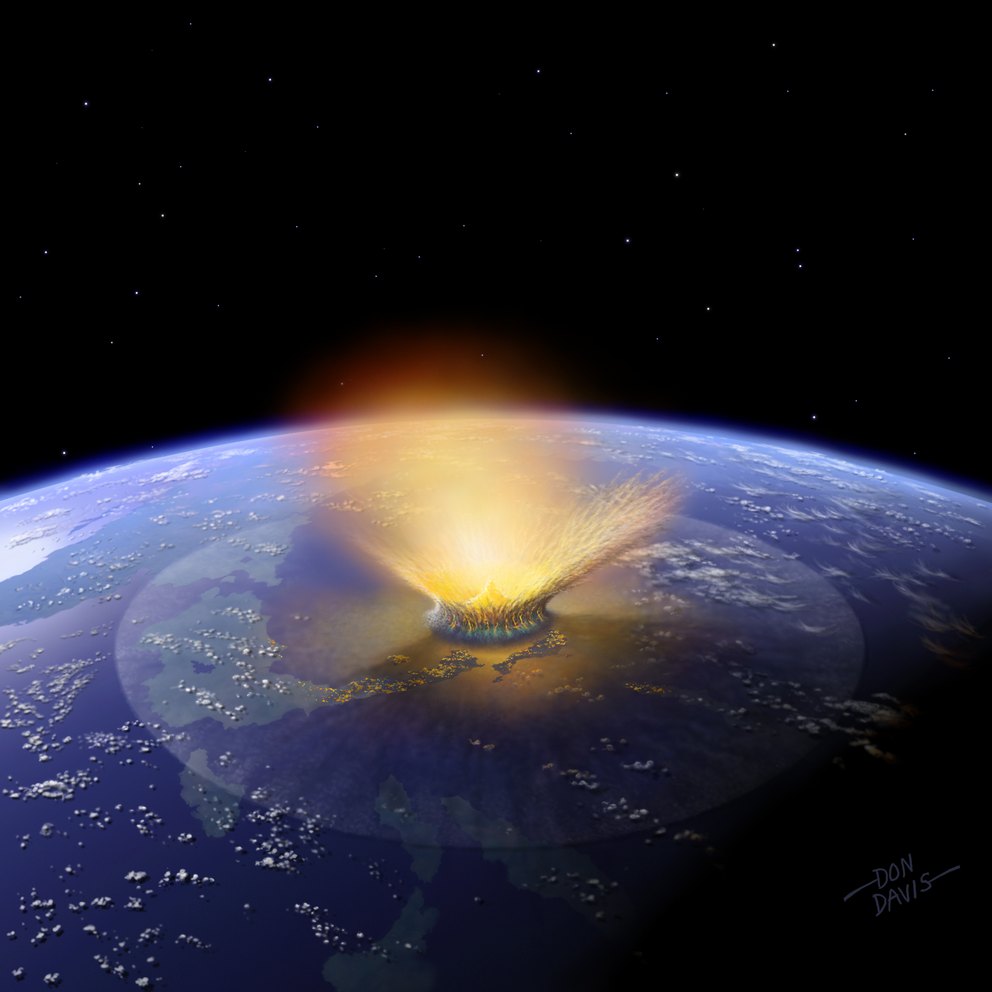 En stor asteroide treffer Jorden og utløser en stor, global katastrofe.  Illustrasjon: NASA / Don Davis