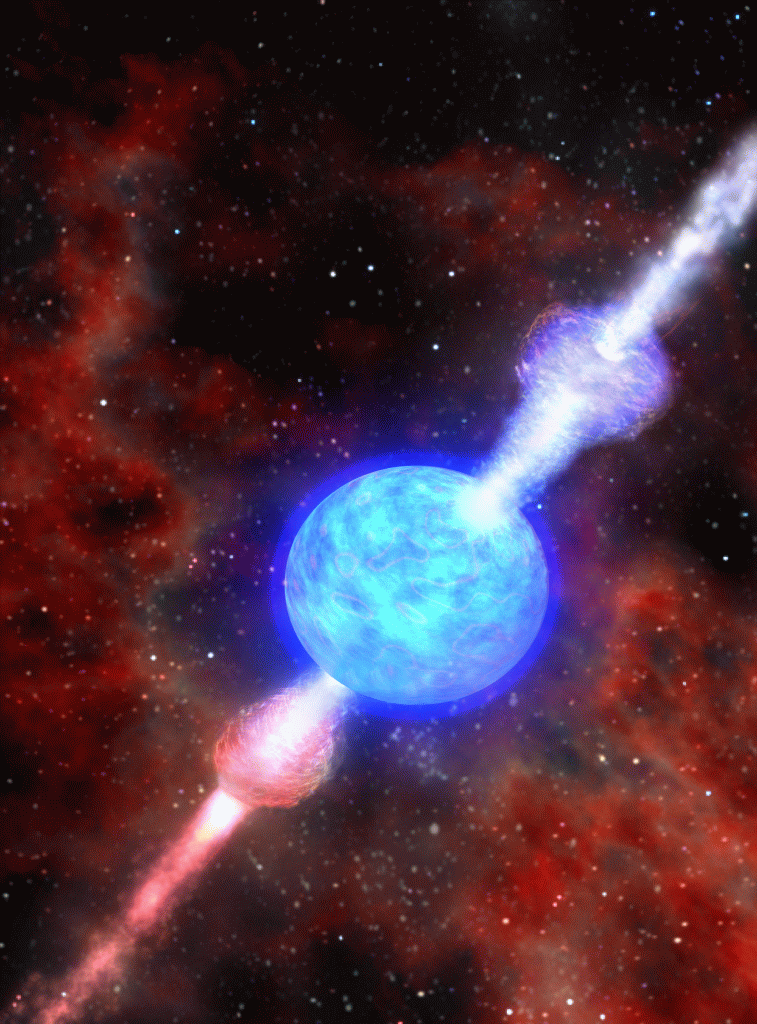 Fra nært hold ville kanskje et gammaglimt sett slik ut. Ekstreme stråler av gass spruter ut av en intenst het stjerne.  Illustrasjon: Dana Berry, SkyWorks Digital 