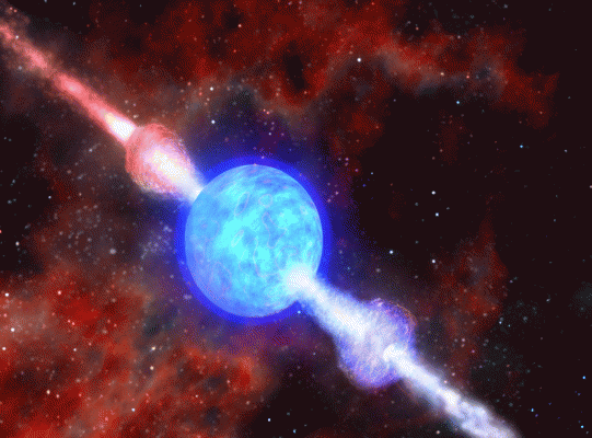 Fra nært hold ville kanskje et gammaglimt sett slik ut. Ekstreme stråler av gass spruter ut av en intenst het stjerne.  Illustrasjon: Dana Berry, SkyWorks Digital