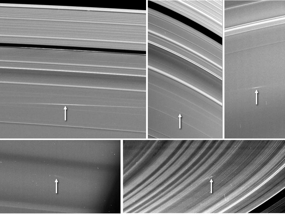 Fem bilder av Saturns ringer tatt med Cassini-sonden mellom 2009 og 2012 viser skyer av materiale som blåses ut av ringene etter nedslag av småobjekter. Foto: NASA/JPL-Caltech/Space Science Institute/Cornell