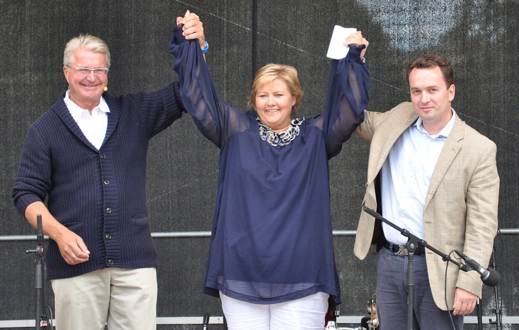 Fabian Stang, Erna Solberg og Stian Berger Røsland under Høyres valgkampåpning.