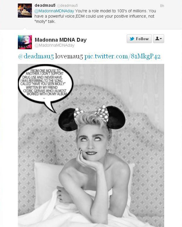 Madonna svar til deadmau5. (Skjermdump, Twitter)