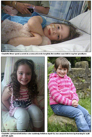 Sju år gamle Charlotte Neve kom tilbake fra koma da hun hørte moren synge med på Adeles "Rolling In The Deep". Faksimile: Daily Mail.